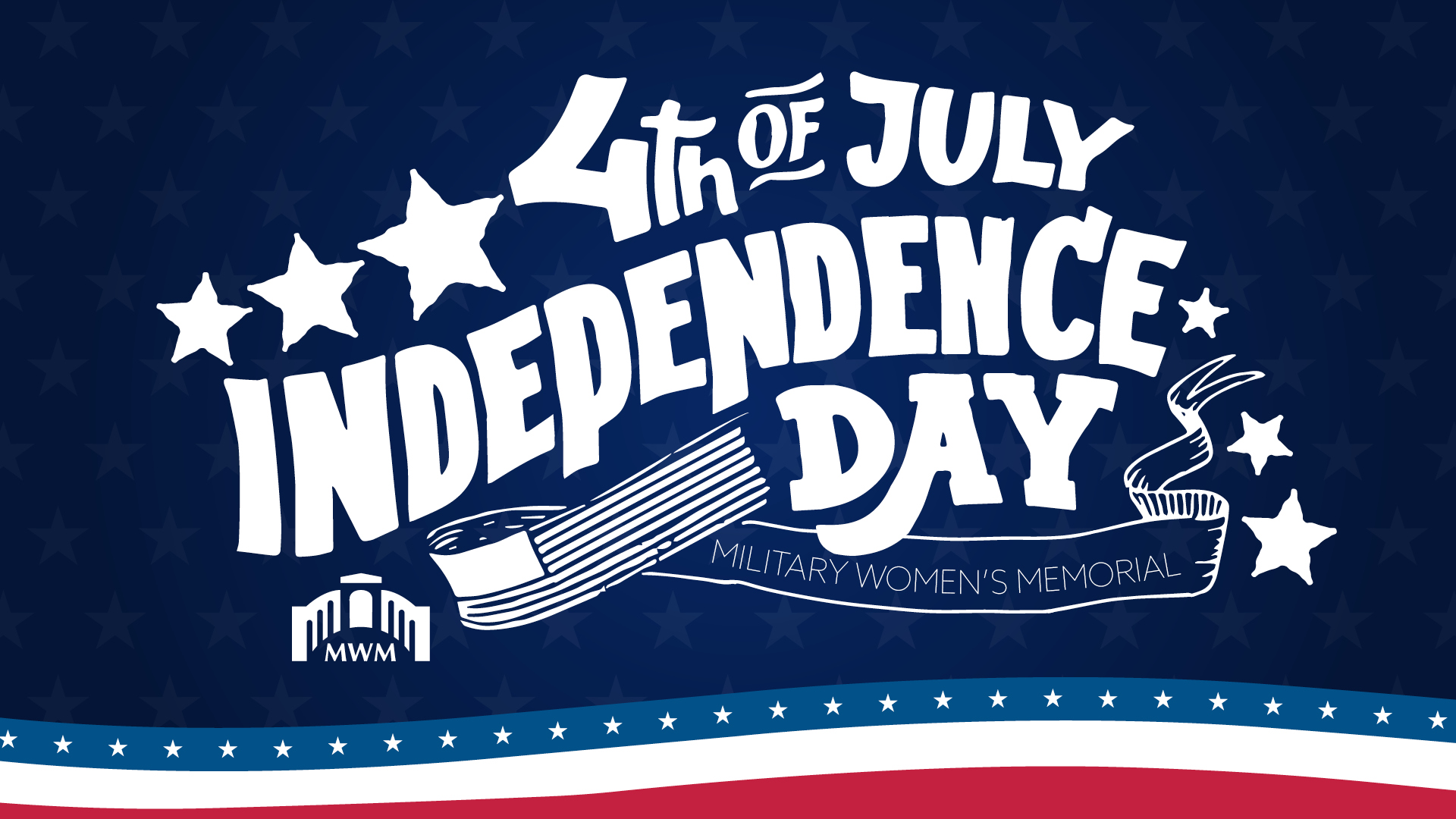 Red, white and blue background with a retro 4th of July Independence Day graphic with a US flag.