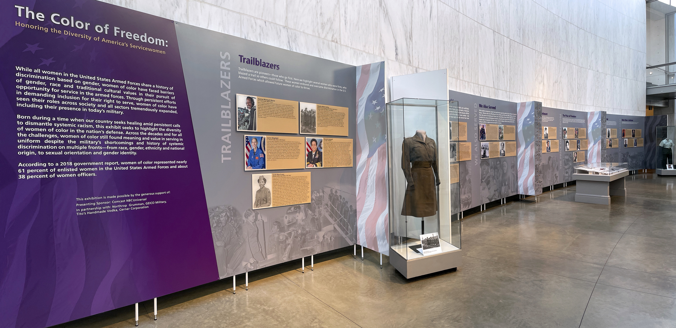 Color of Freedom Exhibit showing military servicewomen trailblazers, of minorities through history from the Civil War to today