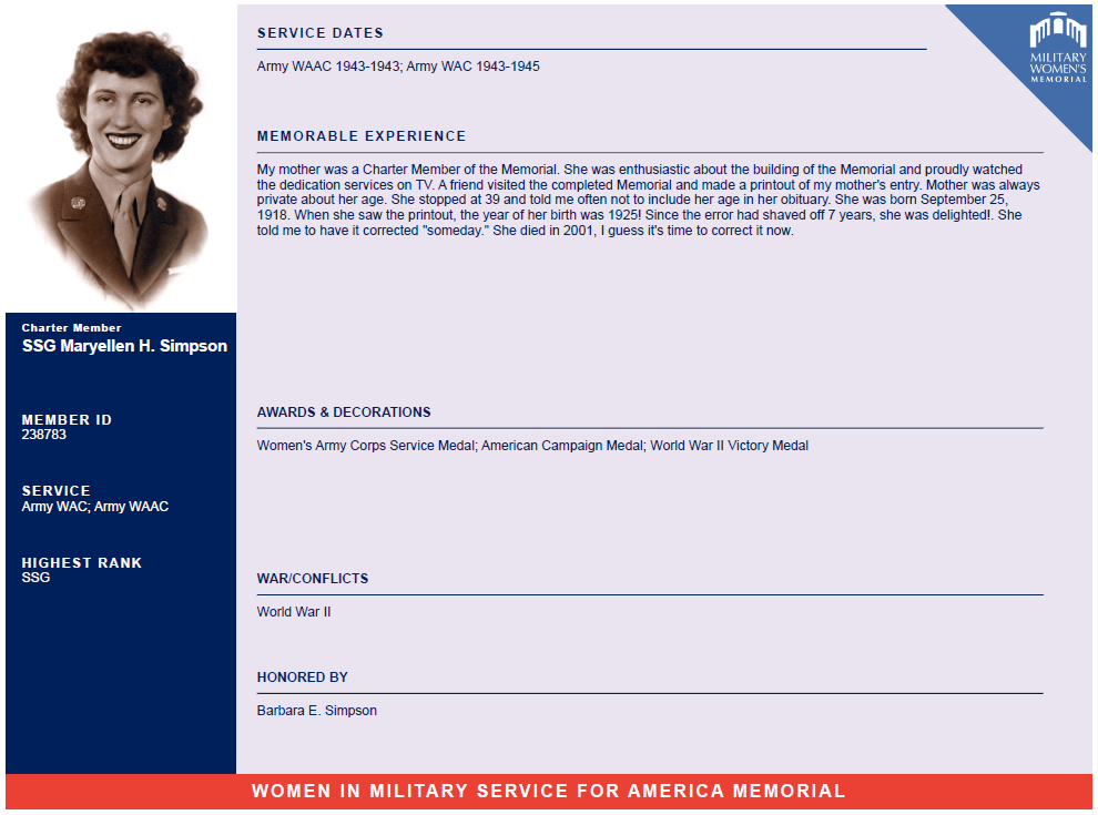 MWM Register Profile of SSG Maryellen Simpson