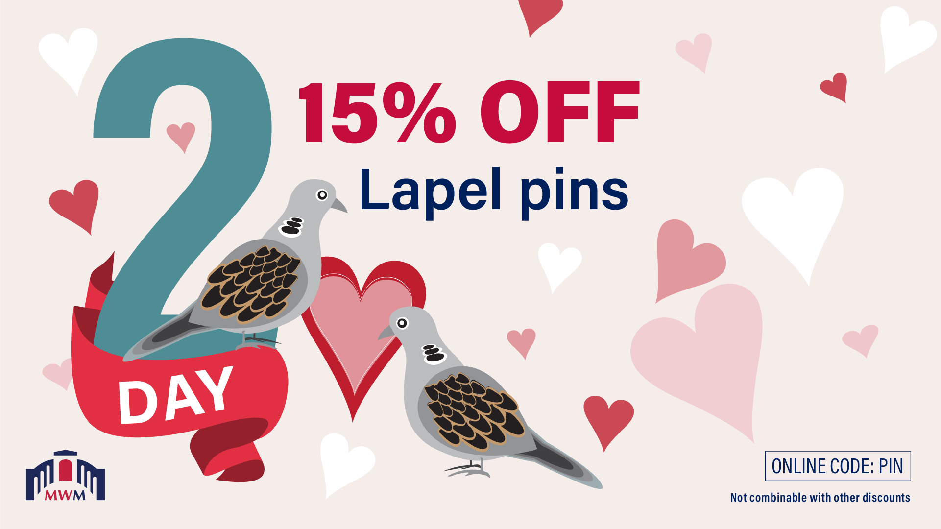 The Twelve Days of Christmas. Day 2 with two turtle doves and hearts. 15% Off Lapel Pins.