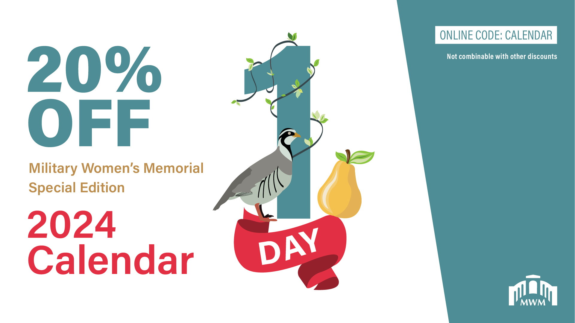 The Twelve Days of Christmas. Day 1 with a partridge and a pear. 50% off MWM calendar