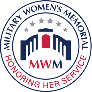 The Military Women's Memorial (MWM) round logo. The logo consists of one outer circle with the words Military Women's Memorial in blue at the top and Honoring Her Service in red at the bottom. The inner circle includes the initials of MWM, an icon of the Memorial, and six gray stars.