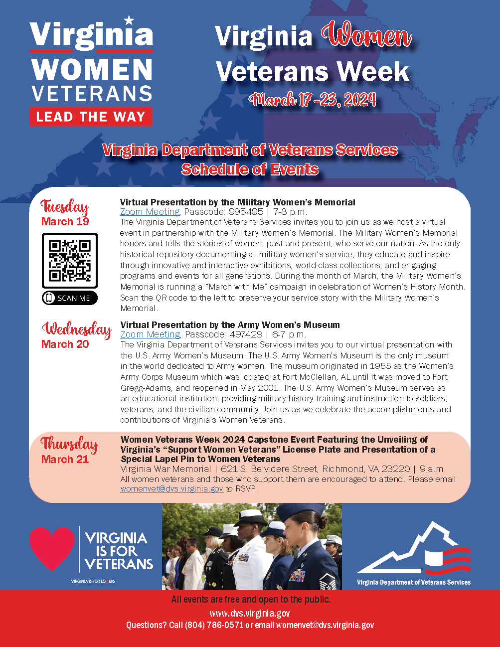 Virginia Department of Veterans Services - Virginia Women Veterans Week, March 17 to 23, 2024. Schedule of Events: March 19, 7-8 PM, virtual presentation by the Military Women's Memorial