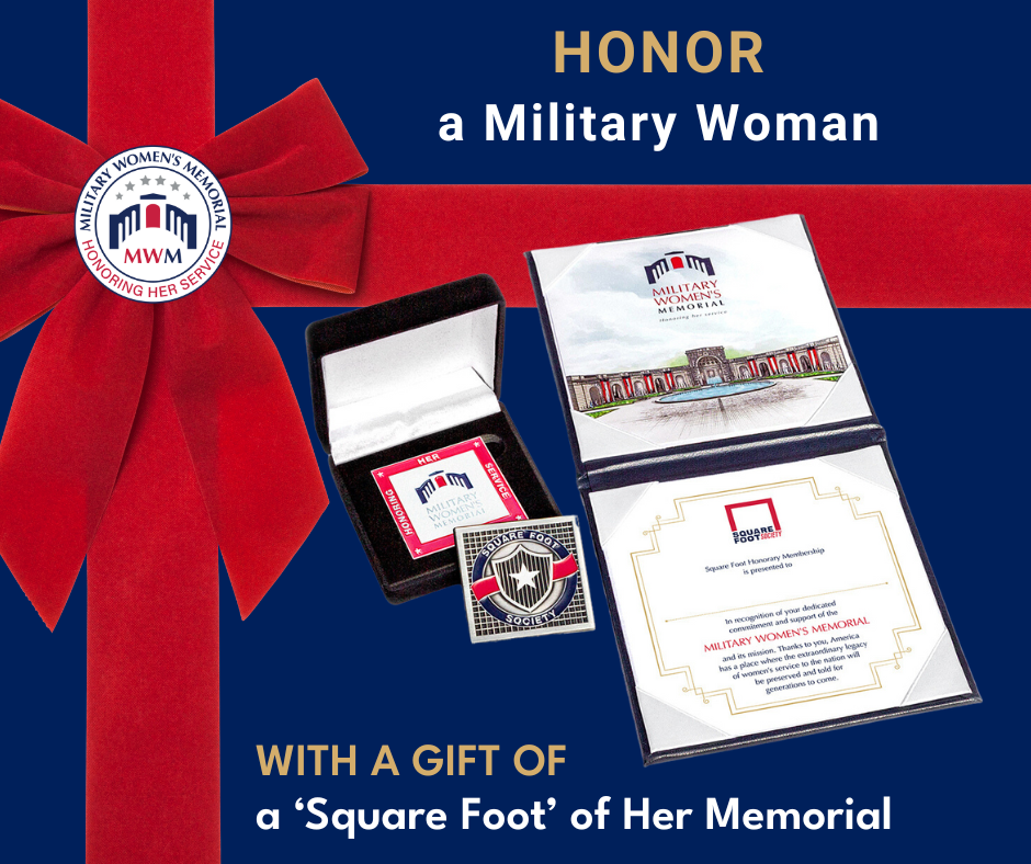 Honor a military woman with a gift of a "Square Foot" of Her Memorial. Image of a square foot coin and presentation certificate