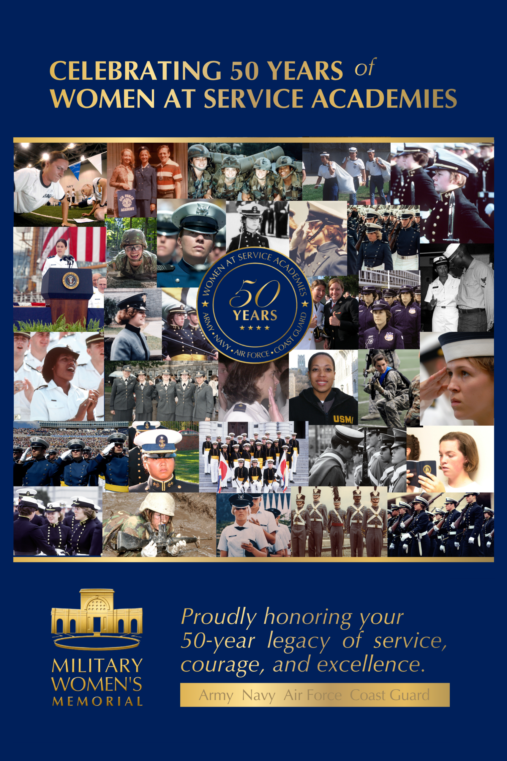 50th Anniversary of Women at Service Academies Exhibit intro panel with images of women at the Academies